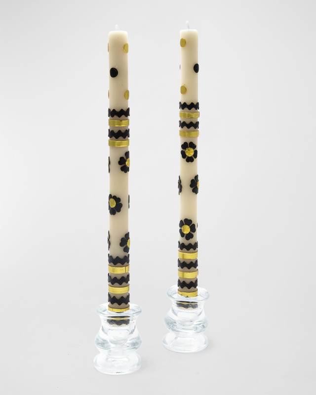 Mod Flower Dinner Candles in Black/Gold Rick Rack, Set of 2